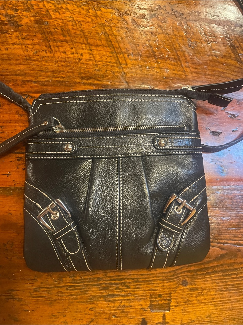 Etienne Aigner Black Leather Crossbody with Buckle Accents 7x9